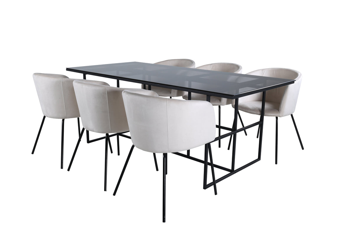 Leif rektangulär matgrupp med 6 Berit-stolar svart/beige rökfärgat glas och sammet