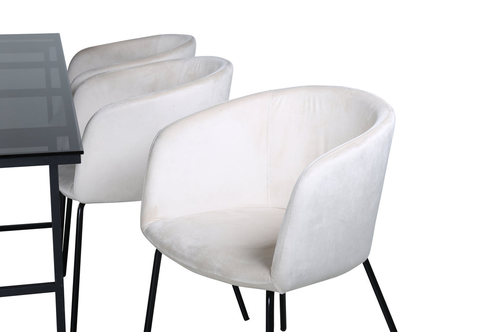 Leif rektangulär matgrupp med 6 Berit-stolar svart/beige rökfärgat glas och sammet