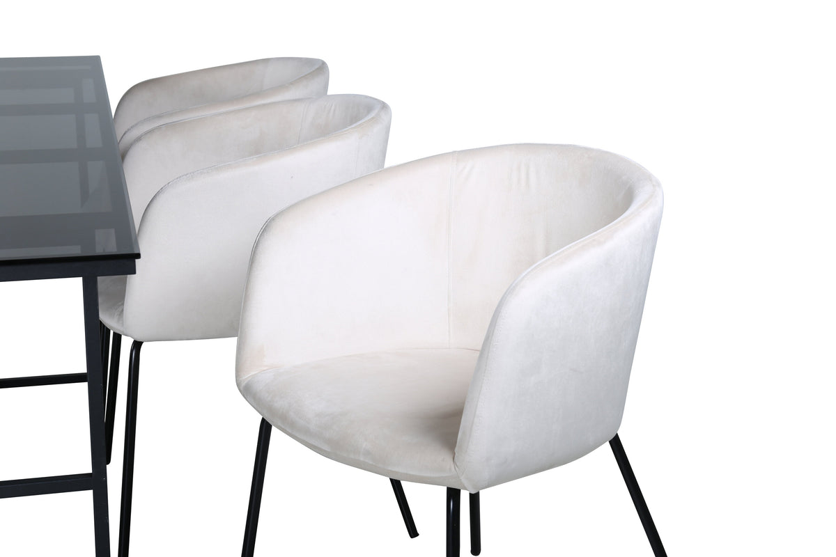 Leif rektangulär matgrupp med 6 Berit-stolar svart/beige rökfärgat glas och sammet