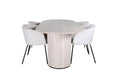 Bianca oval matgrupp med 4 Berit-stolar vitlaserad och svart faner med beige sammet