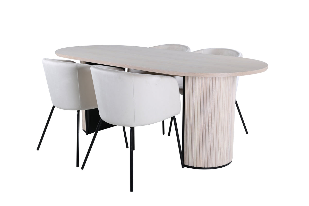 Bianca oval matgrupp med 4 Berit-stolar vitlaserad och svart faner med beige sammet
