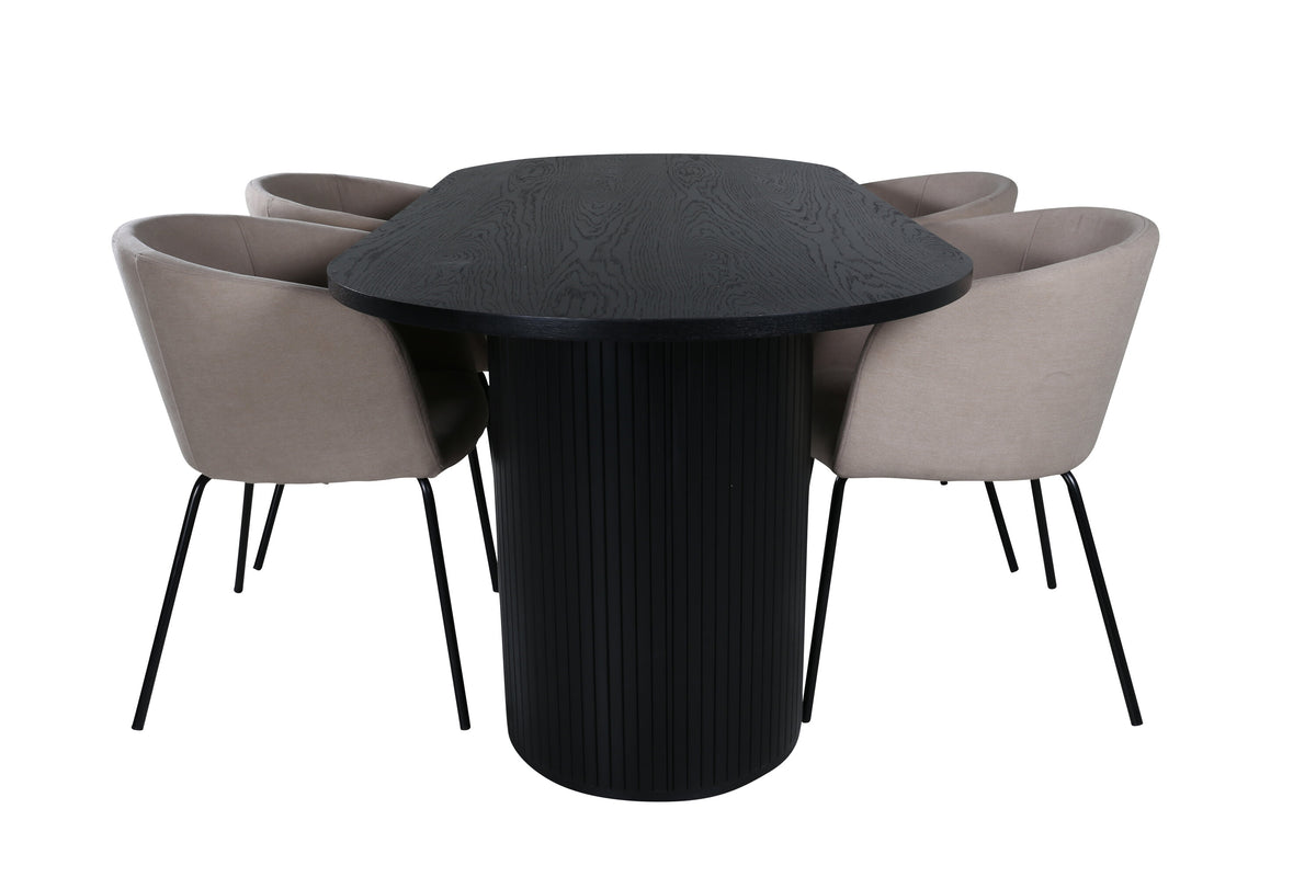 Bianca oval matgrupp med 4 Berit-stolar svart faner och beige linneliknande tyg