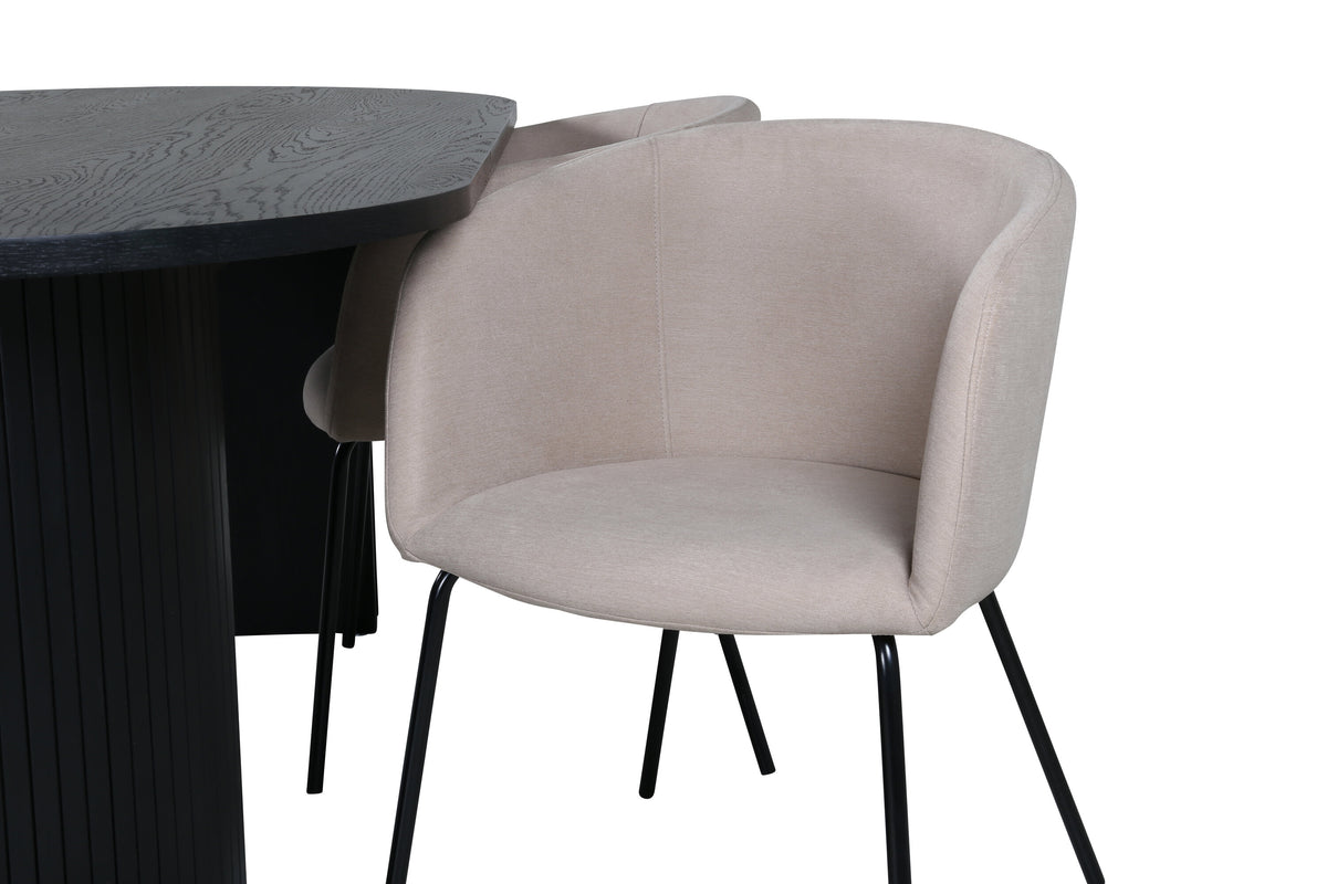 Bianca oval matgrupp med 4 Berit-stolar svart faner och beige linneliknande tyg