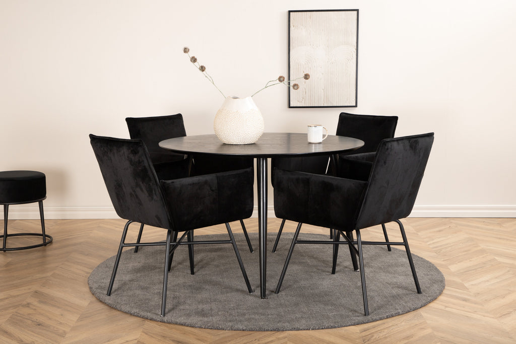 Dipp rund matgrupp 115 cm med 4 Petra-stolar, svart faner och svart sammet