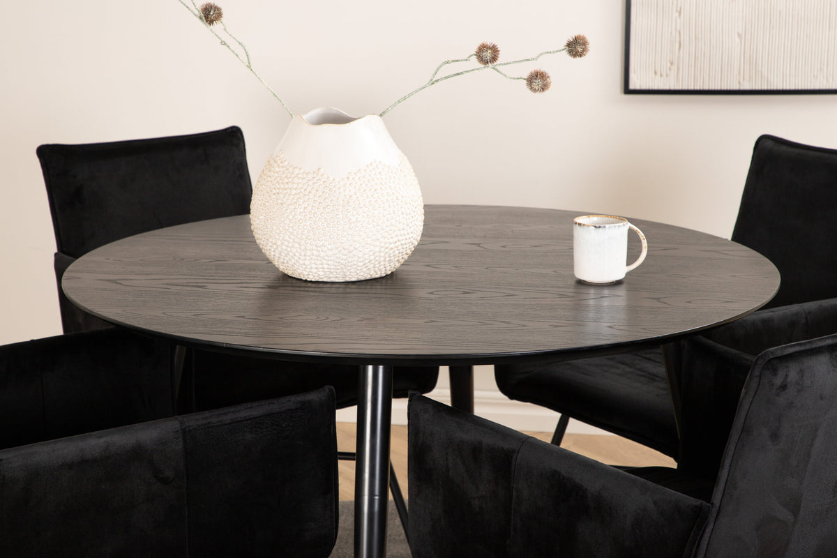 Dipp rund matgrupp 115 cm med 4 Petra-stolar, svart faner och svart sammet