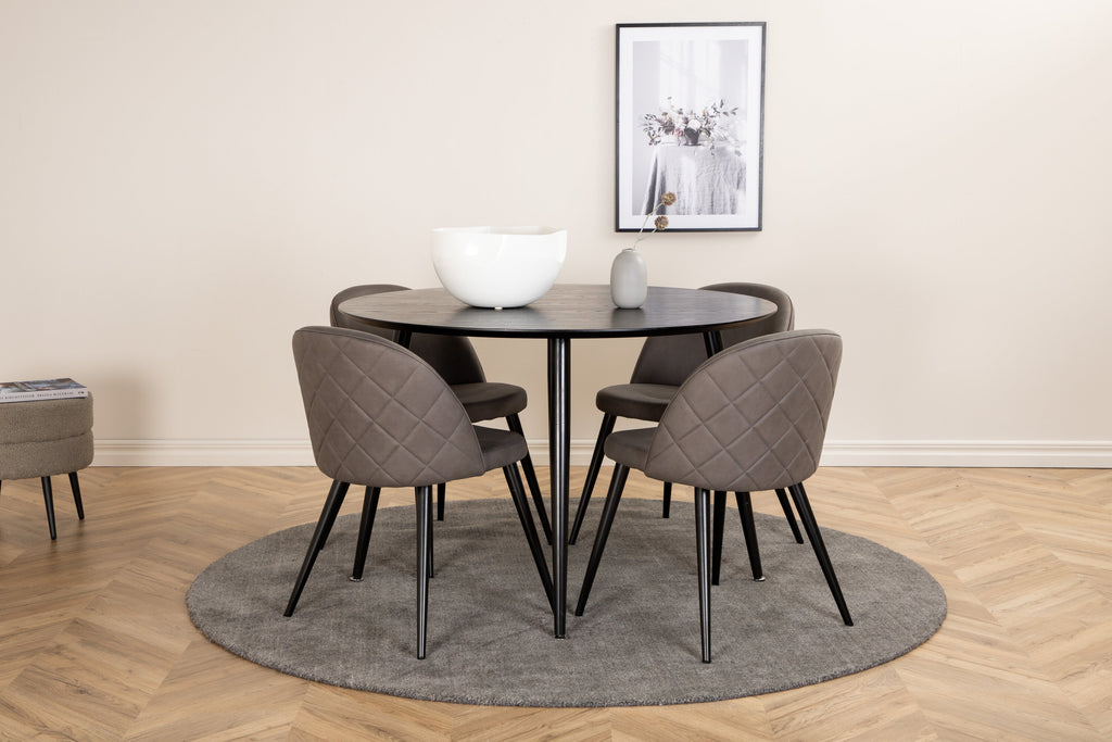 Dipp rund matgrupp Ø115 cm svart/grå med 4 Velvet-stolar