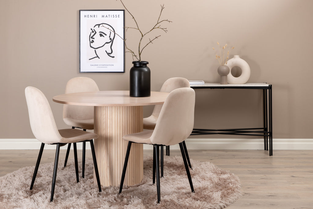 Bianca rund matgrupp med 4 Polar stolar i vitlaserat, svart och beige, faner och sammet