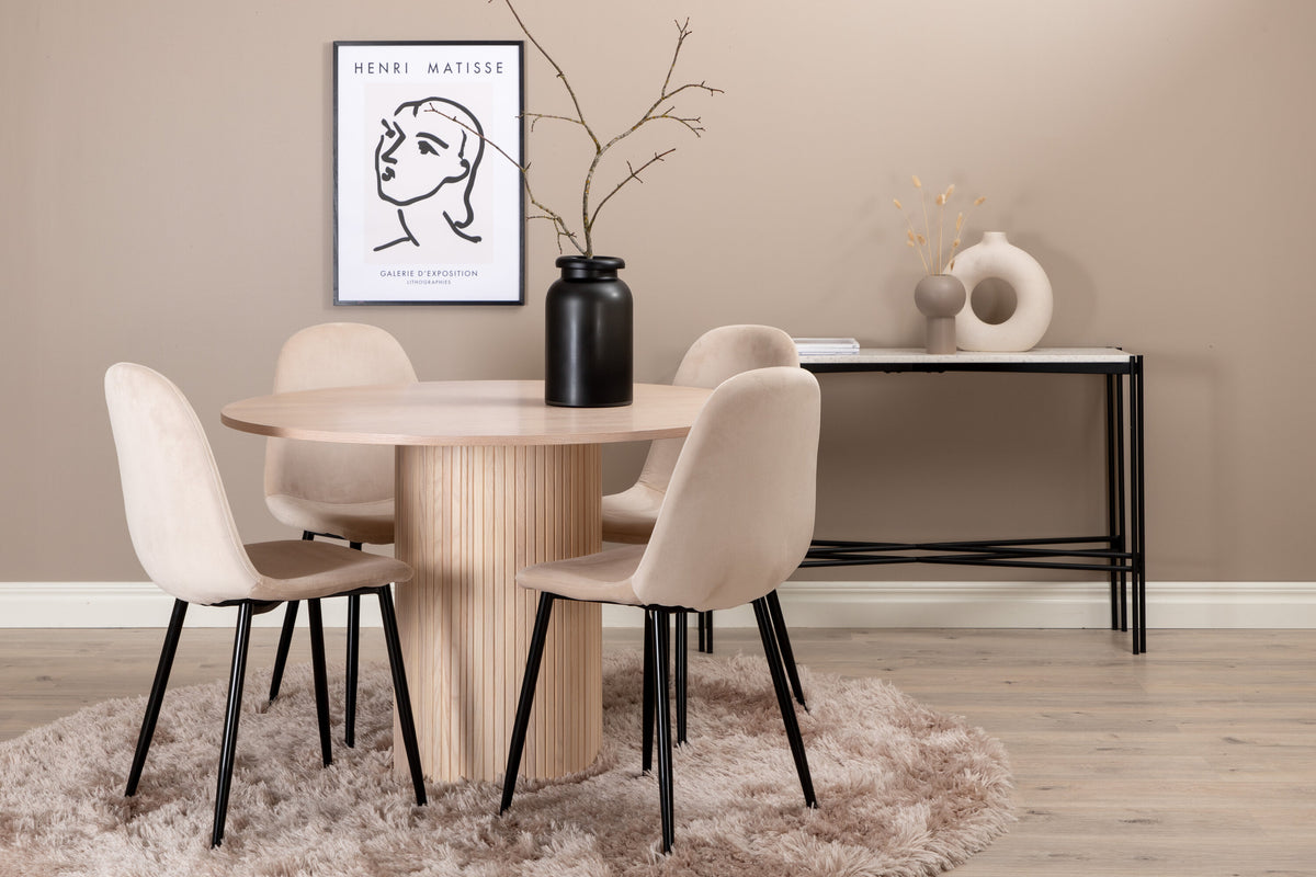 Bianca rund matgrupp med 4 Polar stolar i vitlaserat, svart och beige, faner och sammet