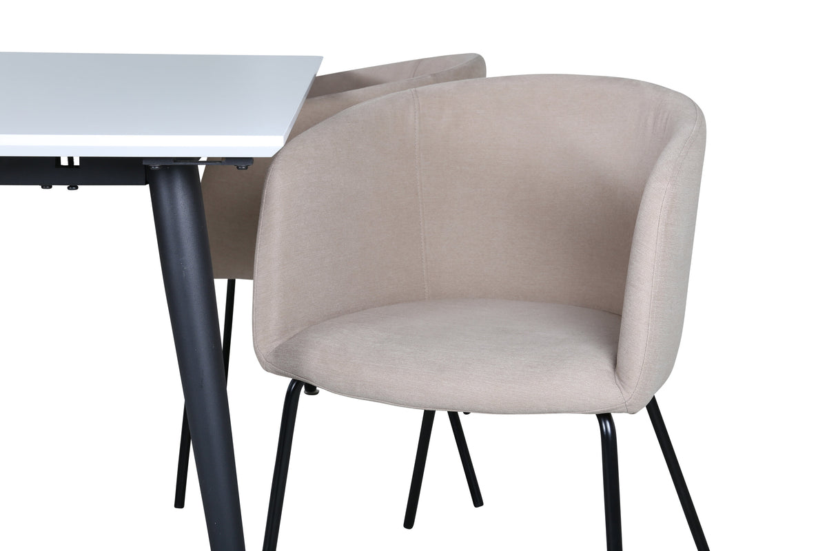 Jimmy matgrupp med 4 Berit-stolar svart/vit/beige, högtryckslaminat och linneliknande tyg