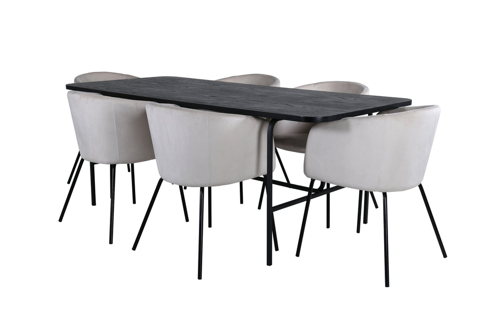 Uno matgrupp med 6 Berit-stolar, svart faner och beige sammet