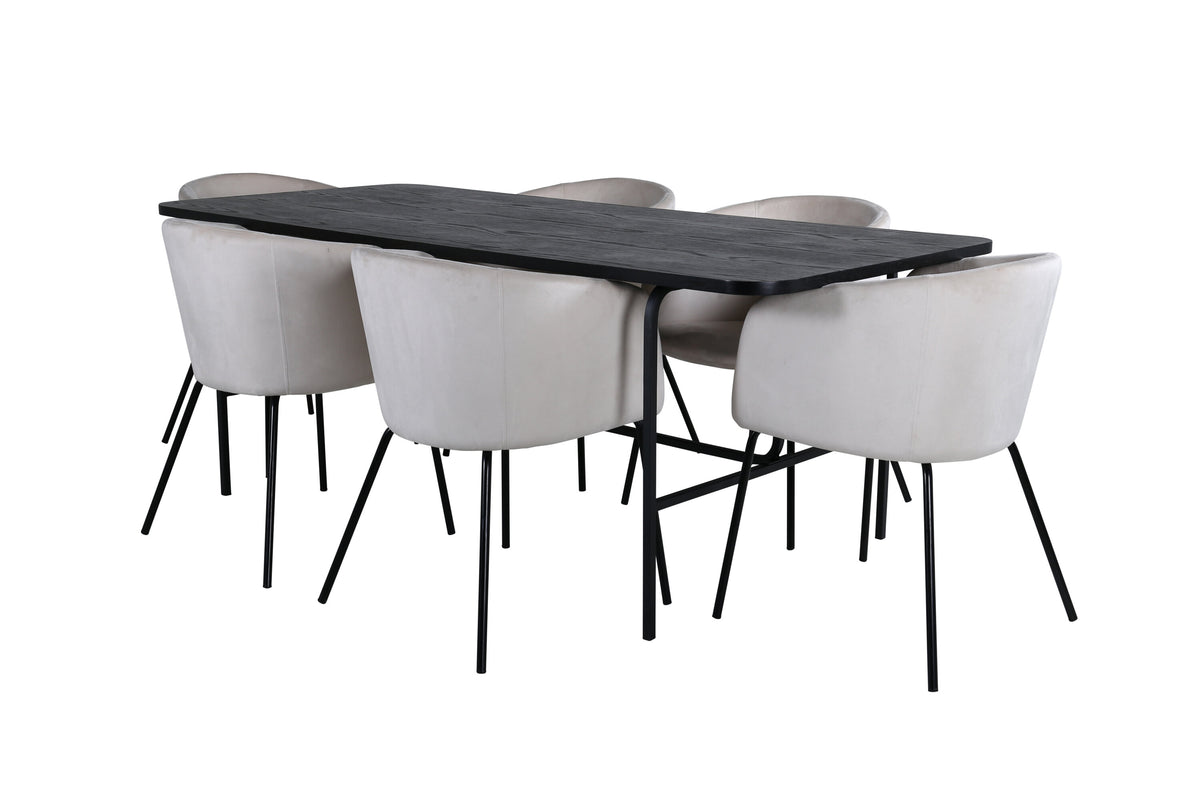 Uno matgrupp med 6 Berit-stolar, svart faner och beige sammet