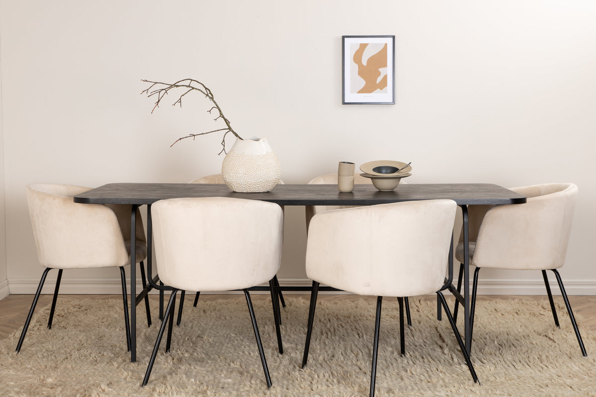Uno matgrupp med 6 Berit-stolar, svart faner och beige sammet