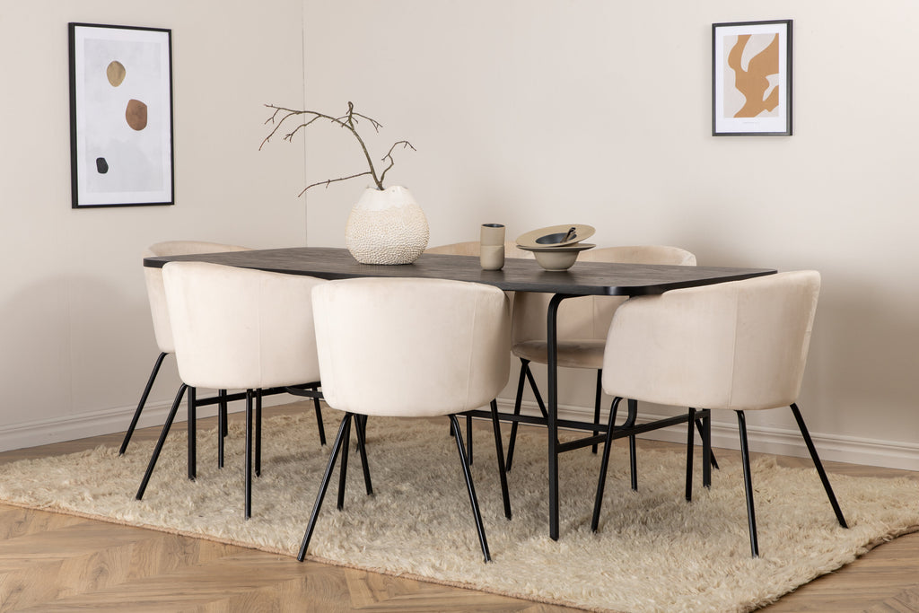 Uno matgrupp med 6 Berit-stolar, svart faner och beige sammet