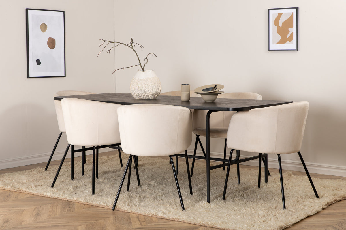 Uno matgrupp med 6 Berit-stolar, svart faner och beige sammet