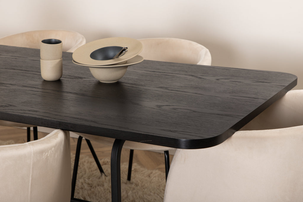 Uno matgrupp med 6 Berit-stolar, svart faner och beige sammet