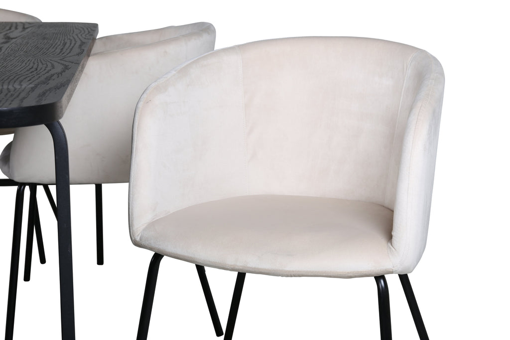 Uno matgrupp med 6 Berit-stolar, svart faner och beige sammet