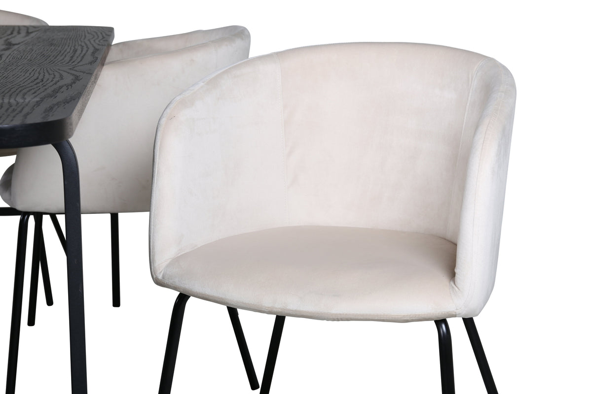 Uno matgrupp med 6 Berit-stolar, svart faner och beige sammet