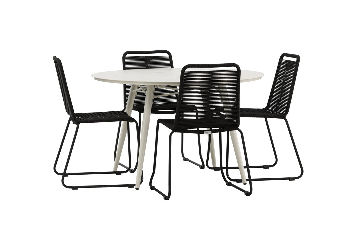 Lina matgrupp med runt bord och 4 stapelbara Lindos-stolar Ø120 cm beige/svart