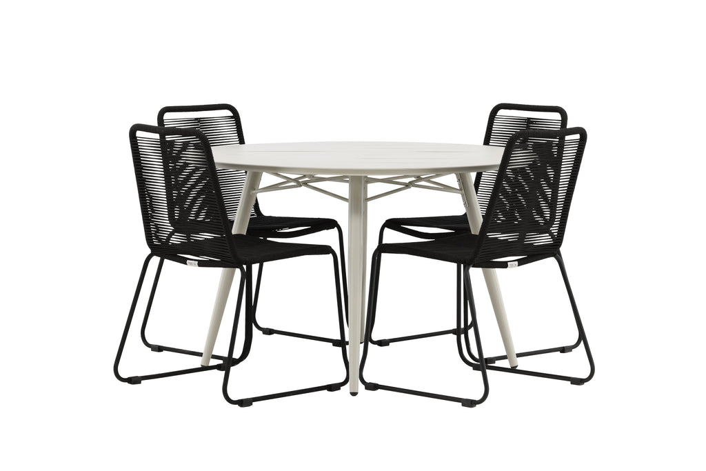 Lina matgrupp med runt bord och 4 stapelbara Lindos-stolar Ø120 cm beige/svart