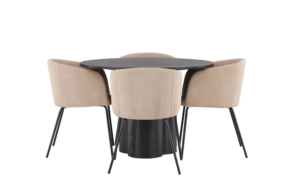 Olivia rund matgrupp med 4 Berit-stolar svart faner/beige tyg