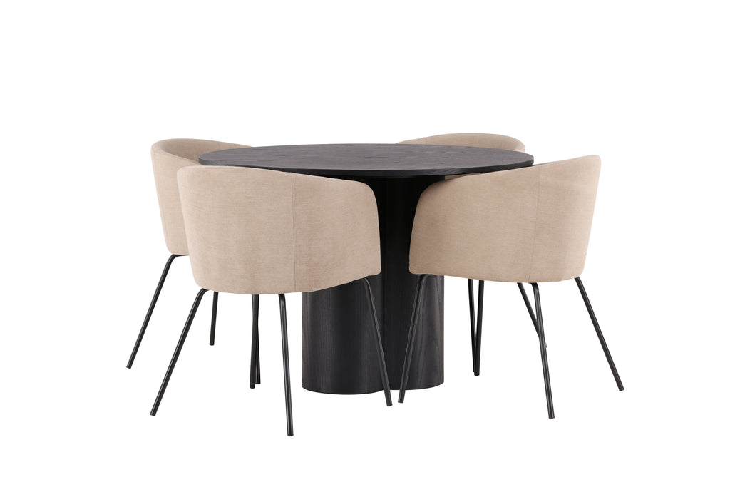 Olivia rund matgrupp med 4 Berit-stolar svart faner/beige tyg