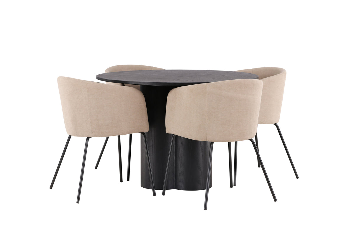 Olivia rund matgrupp med 4 Berit-stolar svart faner/beige tyg