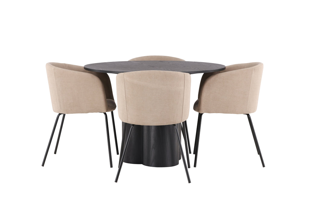 Olivia rund matgrupp med 4 Berit-stolar svart faner/beige tyg