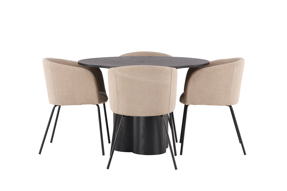 Olivia rund matgrupp med 4 Berit-stolar svart faner/beige tyg