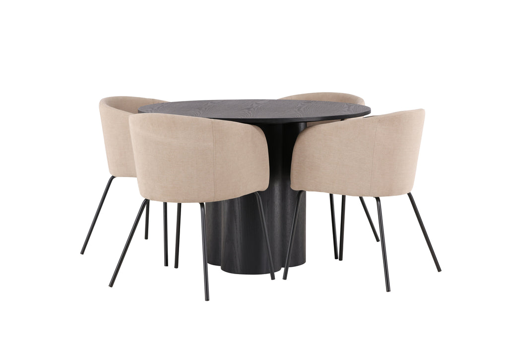 Olivia rund matgrupp med 4 Berit-stolar svart faner/beige tyg