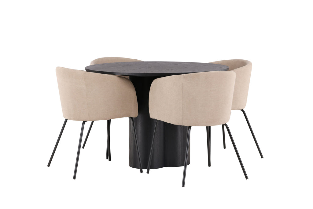 Olivia rund matgrupp med 4 Berit-stolar svart faner/beige tyg