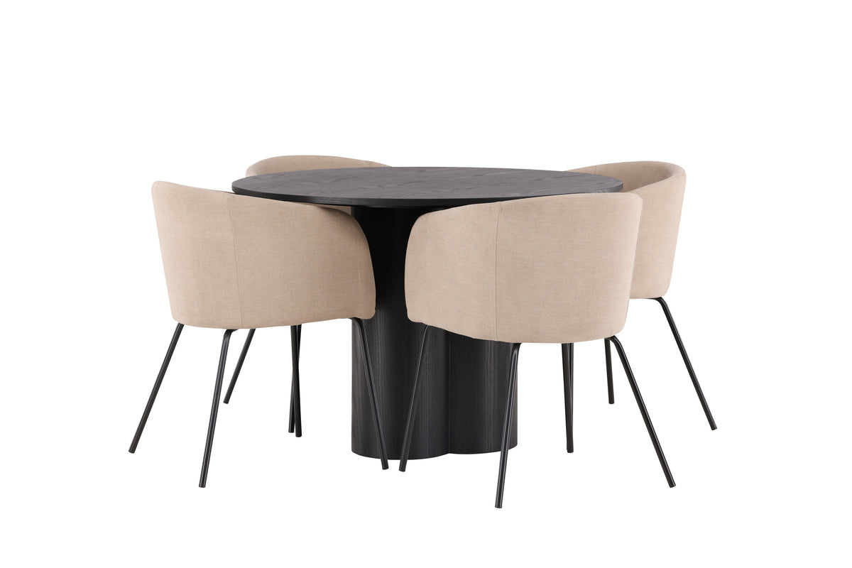 Olivia rund matgrupp med 4 Berit-stolar svart faner/beige tyg