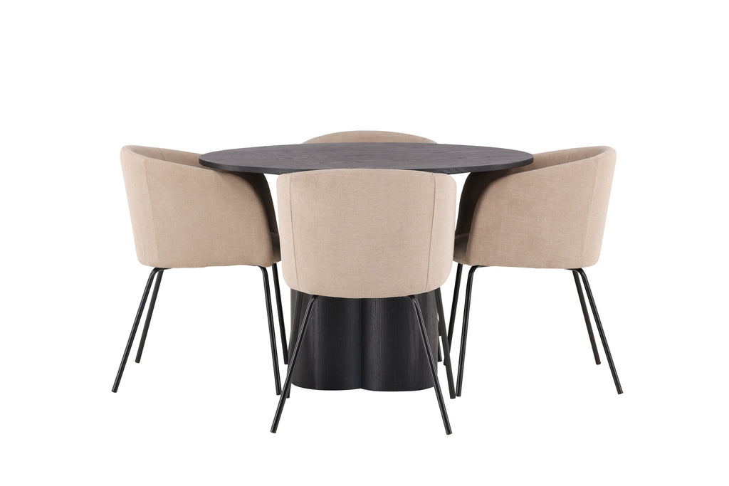Olivia rund matgrupp med 4 Berit-stolar svart faner/beige tyg