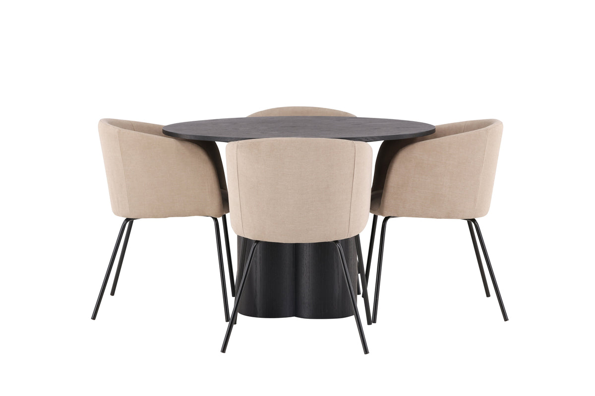 Olivia rund matgrupp med 4 Berit-stolar svart faner/beige tyg