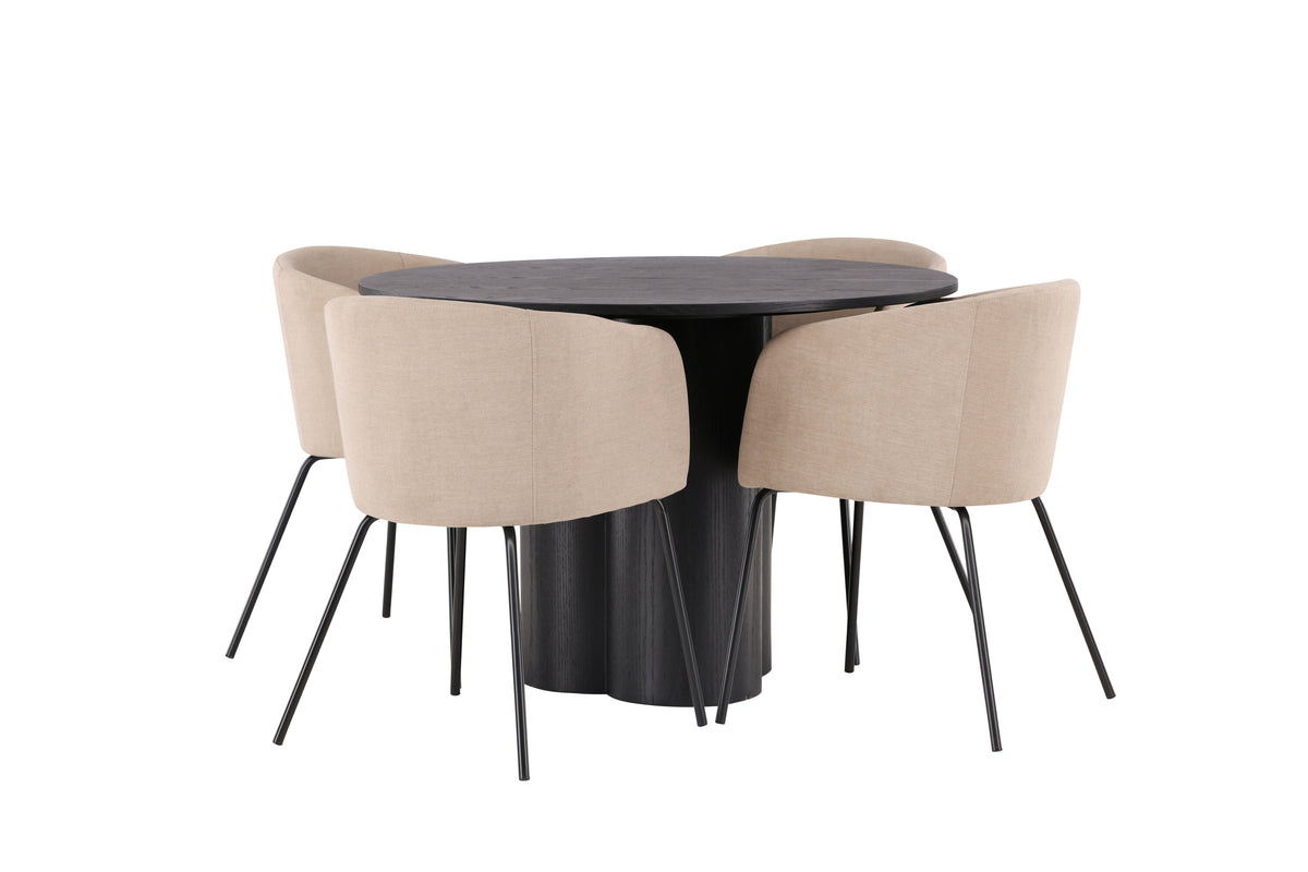 Olivia rund matgrupp med 4 Berit-stolar svart faner/beige tyg