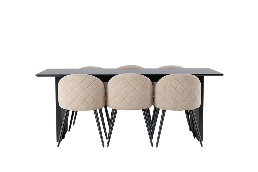 Vail och Velvet rektangulär matgrupp röksvart MDF och beige tyg med linnestruktur