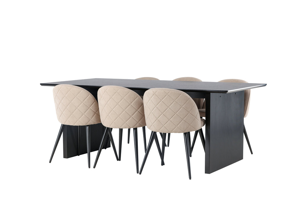 Vail och Velvet rektangulär matgrupp röksvart MDF och beige tyg med linnestruktur