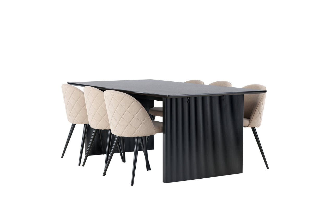 Vail och Velvet rektangulär matgrupp röksvart MDF och beige tyg med linnestruktur