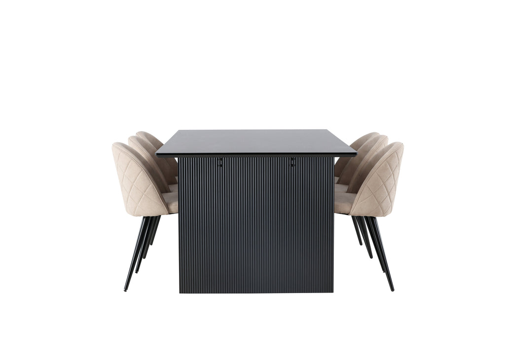 Vail och Velvet rektangulär matgrupp röksvart MDF och beige tyg med linnestruktur