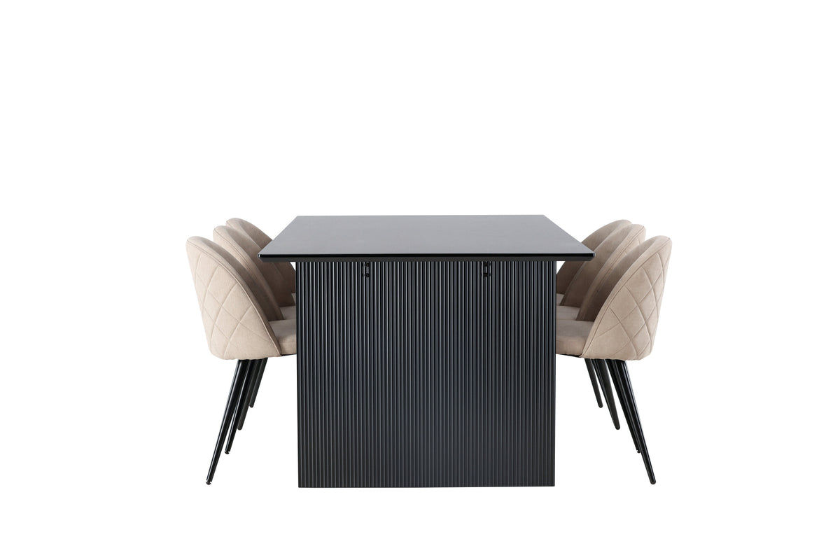 Vail och Velvet rektangulär matgrupp röksvart MDF och beige tyg med linnestruktur