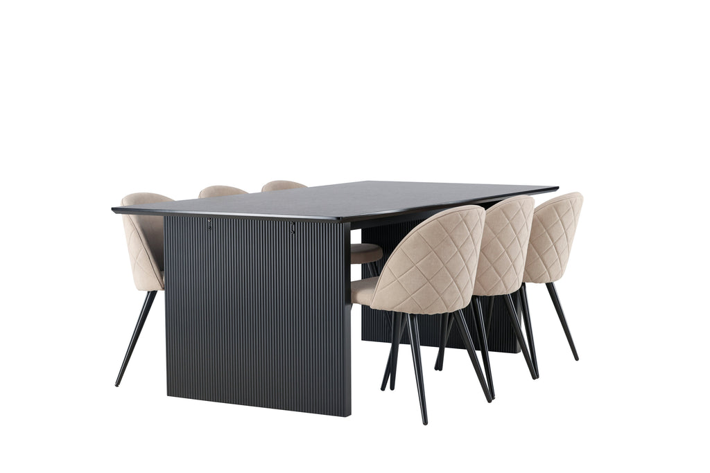 Vail och Velvet rektangulär matgrupp röksvart MDF och beige tyg med linnestruktur