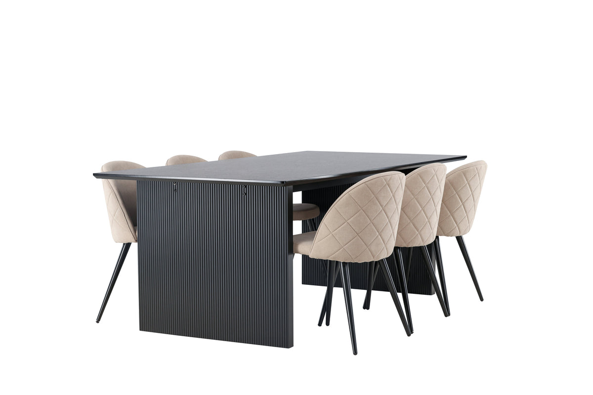 Vail och Velvet rektangulär matgrupp röksvart MDF och beige tyg med linnestruktur