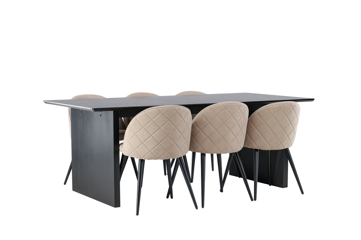 Vail och Velvet rektangulär matgrupp röksvart MDF och beige tyg med linnestruktur