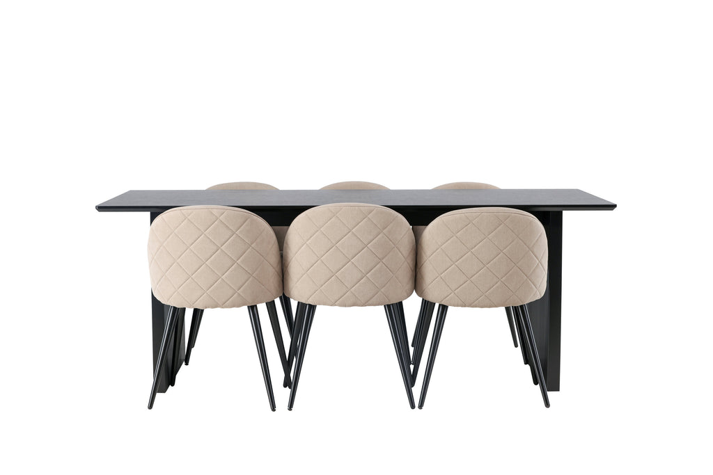 Vail och Velvet rektangulär matgrupp röksvart MDF och beige tyg med linnestruktur
