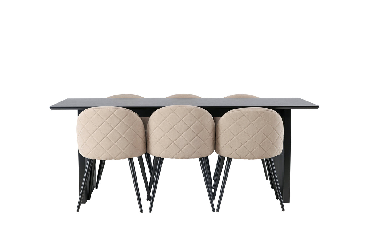 Vail och Velvet rektangulär matgrupp röksvart MDF och beige tyg med linnestruktur