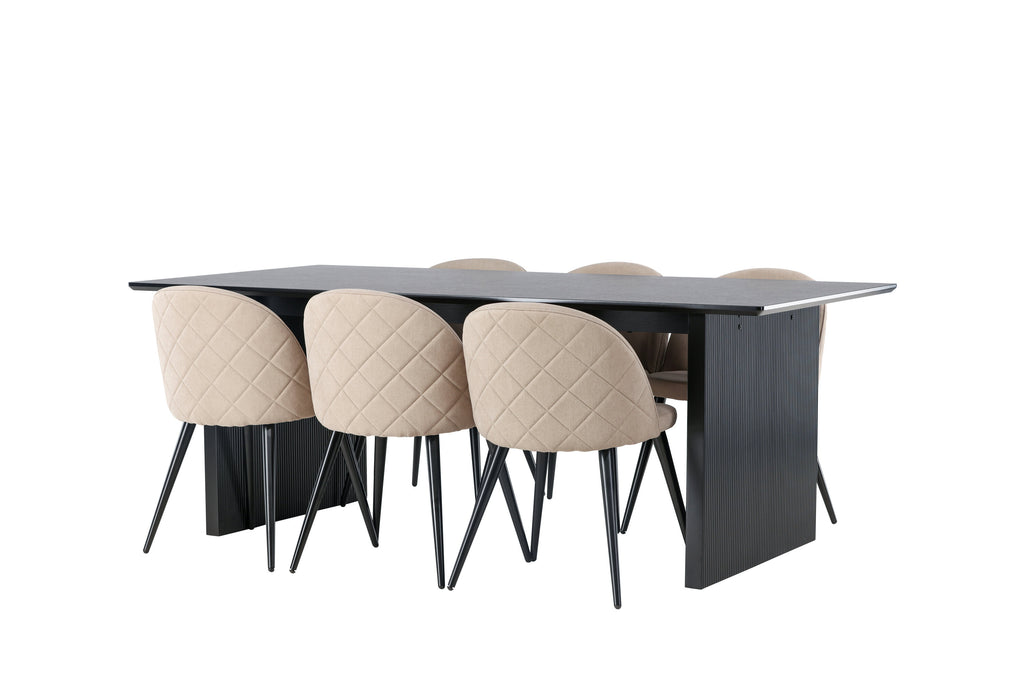 Vail och Velvet rektangulär matgrupp röksvart MDF och beige tyg med linnestruktur