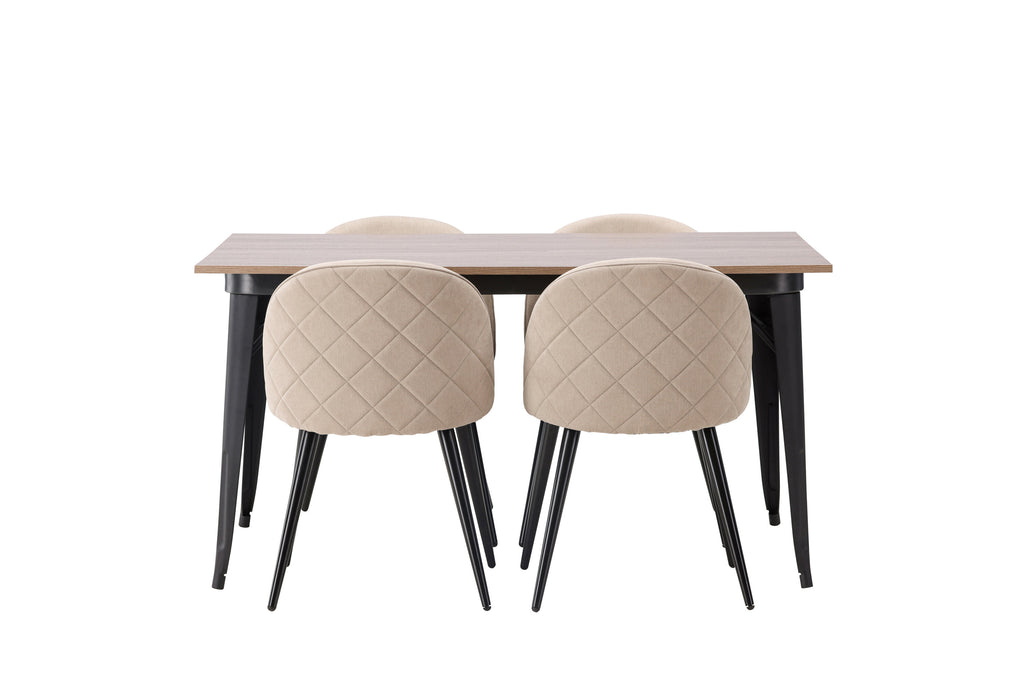 Tempe matgrupp med 4 Velvet-stolar med sömmar, svart, valnötsfinish och beige tyg