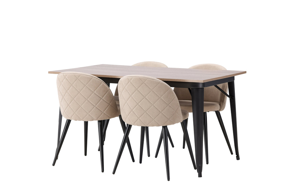Tempe matgrupp med 4 Velvet-stolar med sömmar, svart, valnötsfinish och beige tyg