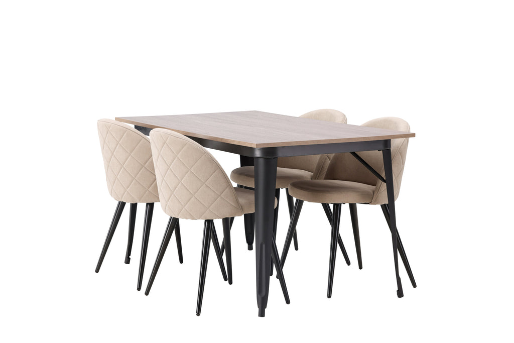 Tempe matgrupp med 4 Velvet-stolar med sömmar, svart, valnötsfinish och beige tyg