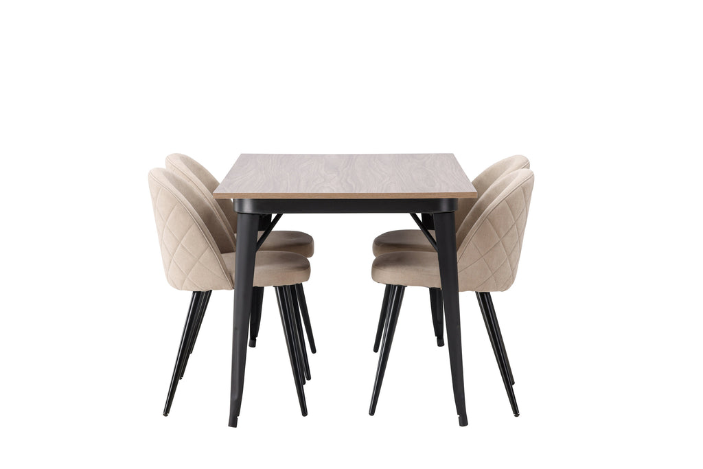 Tempe matgrupp med 4 Velvet-stolar med sömmar, svart, valnötsfinish och beige tyg