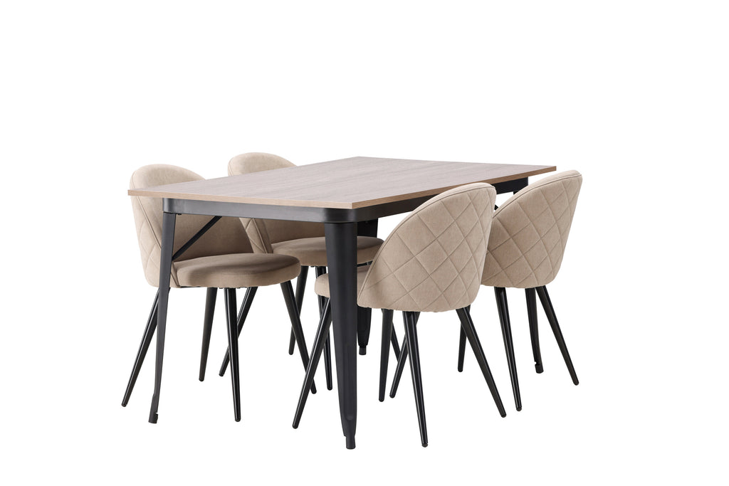 Tempe matgrupp med 4 Velvet-stolar med sömmar, svart, valnötsfinish och beige tyg